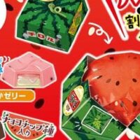 チロルチョコ「チロルのすいか割りBOX」パカッと割ると中からすいか果肉みたいな袋が！「すいかゼリー」「チョコチップすいか」2種のフレーバーチョコ入り